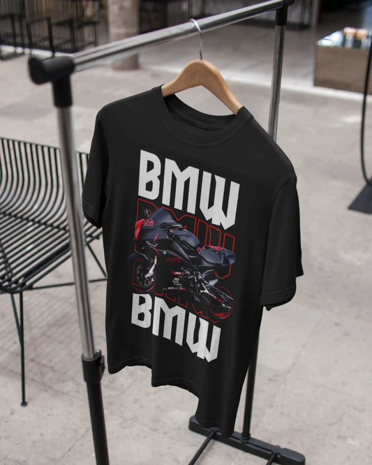Black plus size t-shirt with BMW S1000RR motorcycle graphic and BMW text, hanging on clothing rack