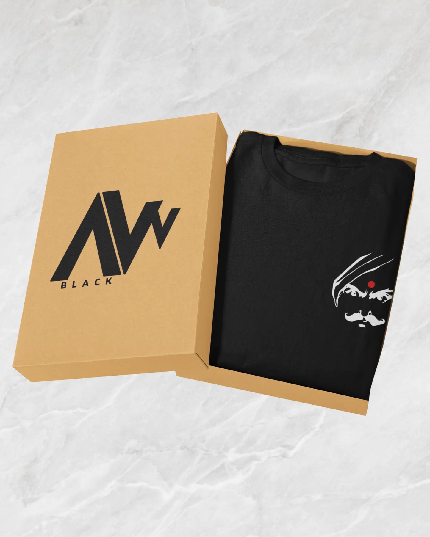 Black plus size Bharathiyar legacy Rowthiram Palagu tribute t-shirt with white Tamil graphic eyes mustache print, premium cotton in AWBlack branded packaging box, oversized fit, AWBlack Store