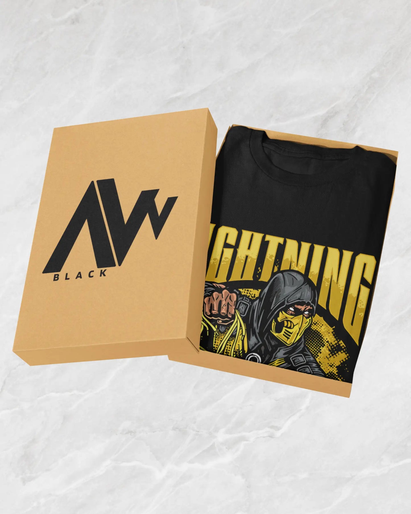AWBlack black plus size tshirt Lightning Mortal Kombat Scorpion graphic folded in premium AW Black box