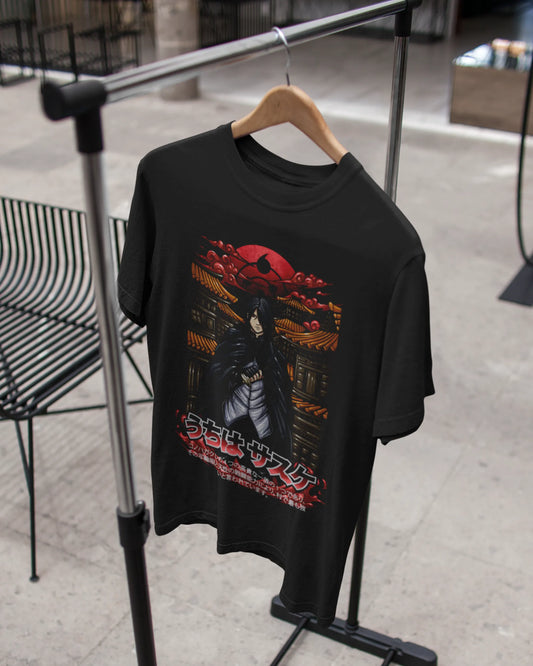Premium black Naruto t-shirt on hanger featuring Uchiha Sasuke Vengeance Shadow Warrior graphic with Sasuke Uchiha in intense pose under red moon, dark flames and shadows, Japanese text 'うちはサスケ', against neutral background – AWBlack S-7XL multi-fit