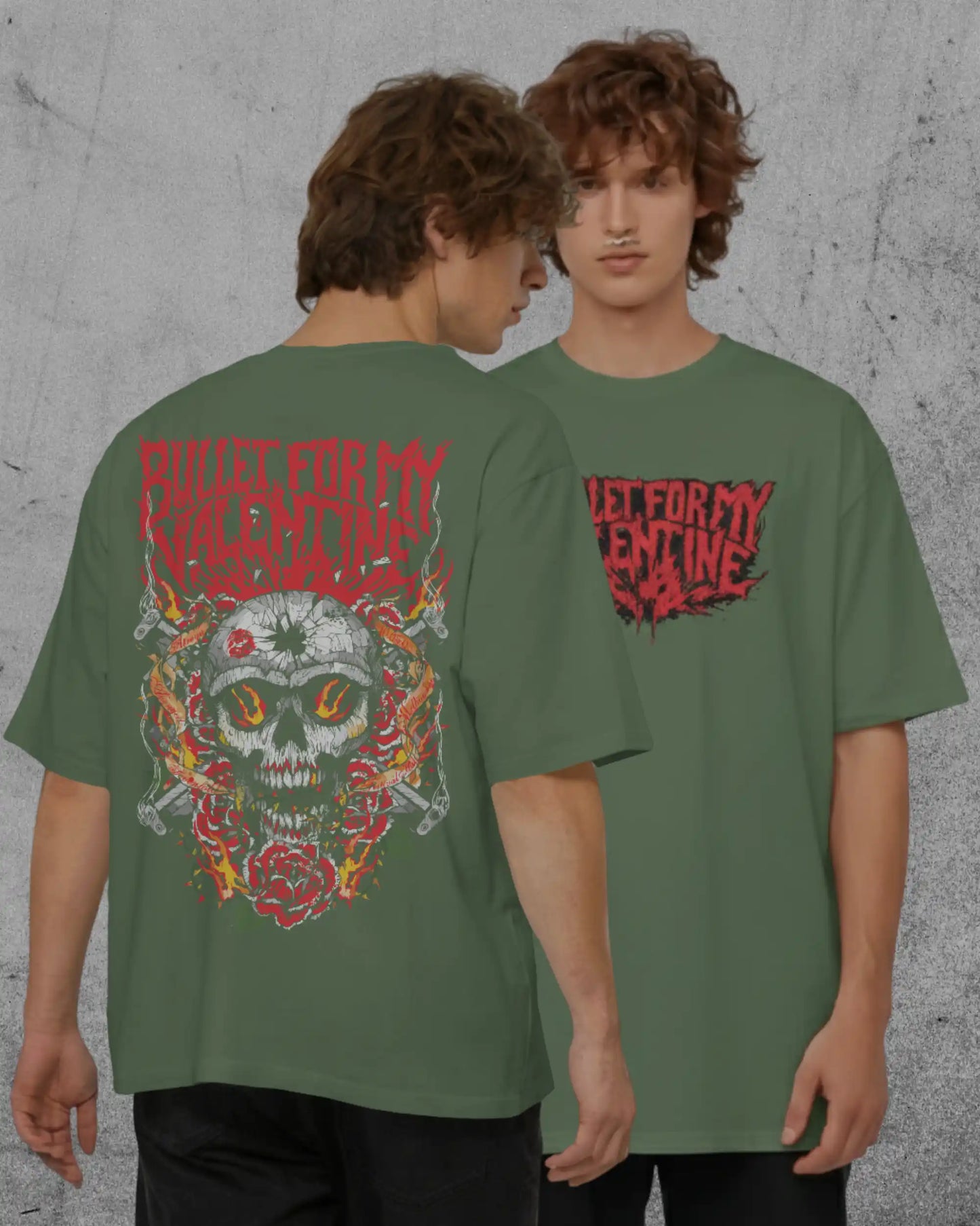 Bullet For My Valentine oversized olive green rock band t-shirt 240 GSM heavy metal graphic tee front and back