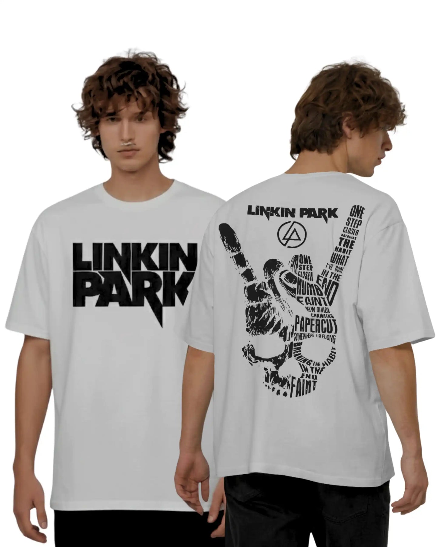 Linkin Park white oversized rock band t shirt 240 GSM heavyweight cotton front and back graphic AWBlack