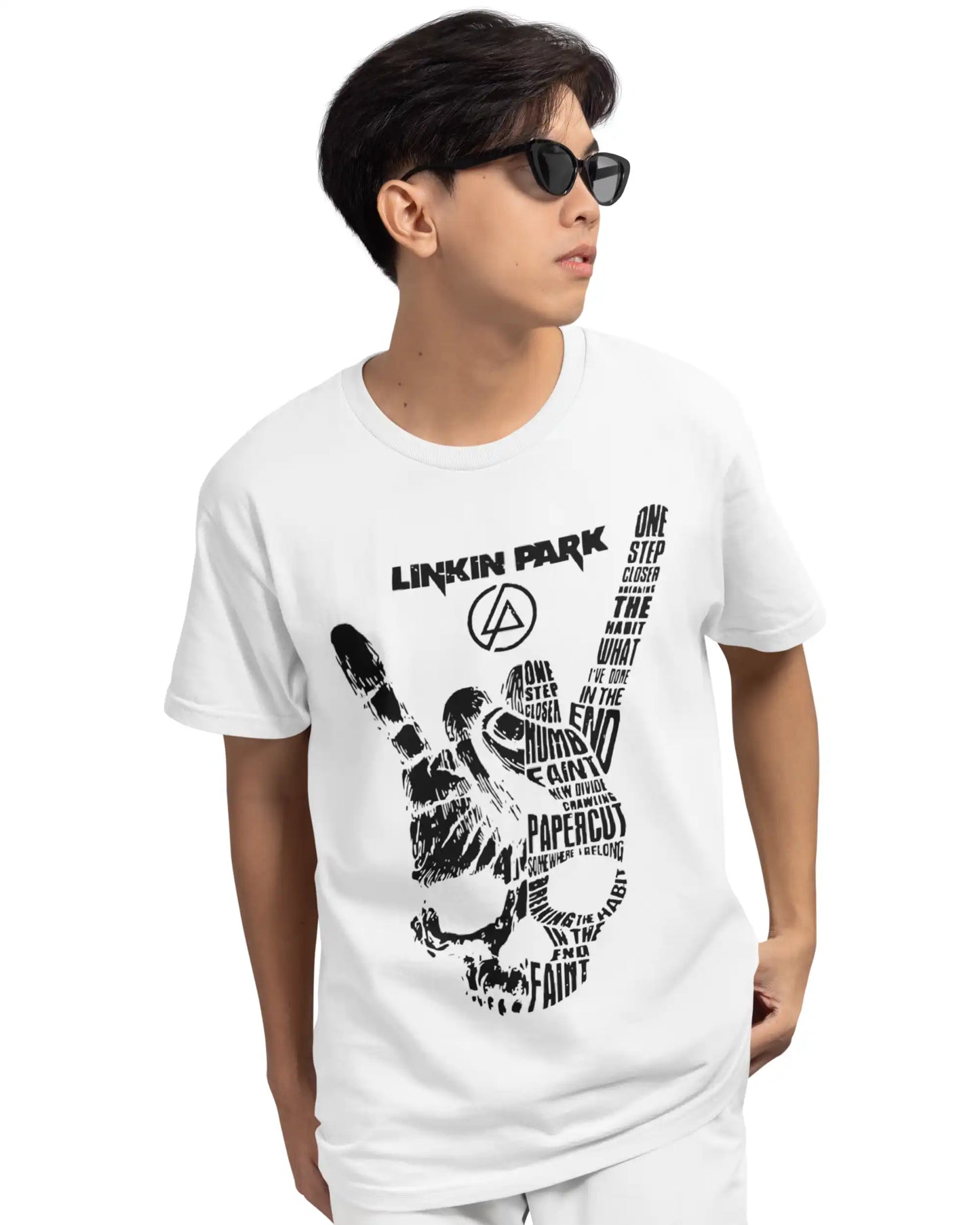 White Linkin Park graphic T-shirt for men in regular and oversized fit with iconic rock band print