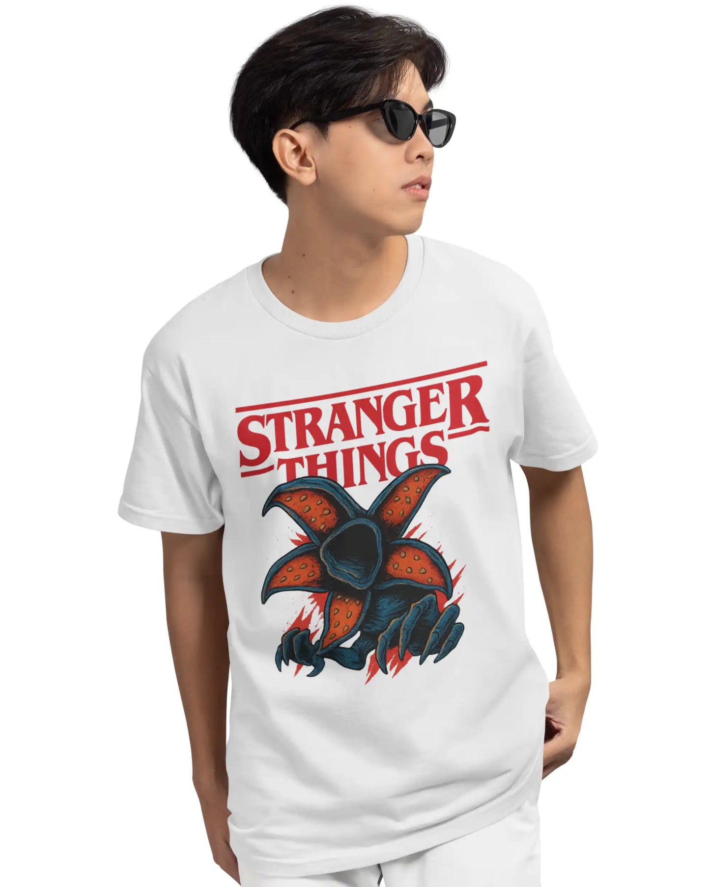 White plus size tshirt with Stranger Things Demogorgon graphic, premium 180 GSM cotton fabric, available in multi-fit oversized sizes S to 7XL for men and women.