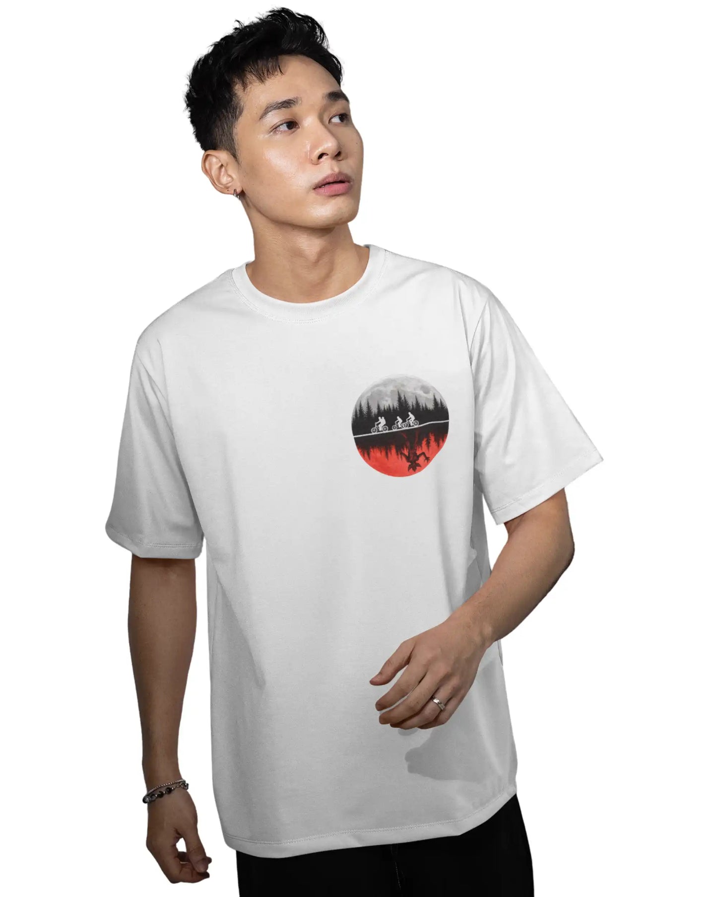 White Stranger Things plus size tshirt with oversized fit, Upside Down moon and forest graphic – AWBlack store fashion