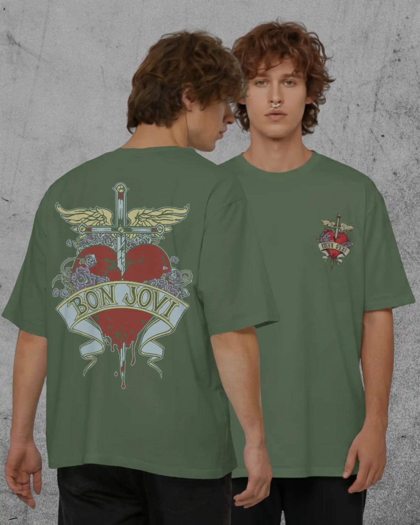 Forest green plus size oversized t-shirt with Bon Jovi graphic design, front and back, modeled by two individuals