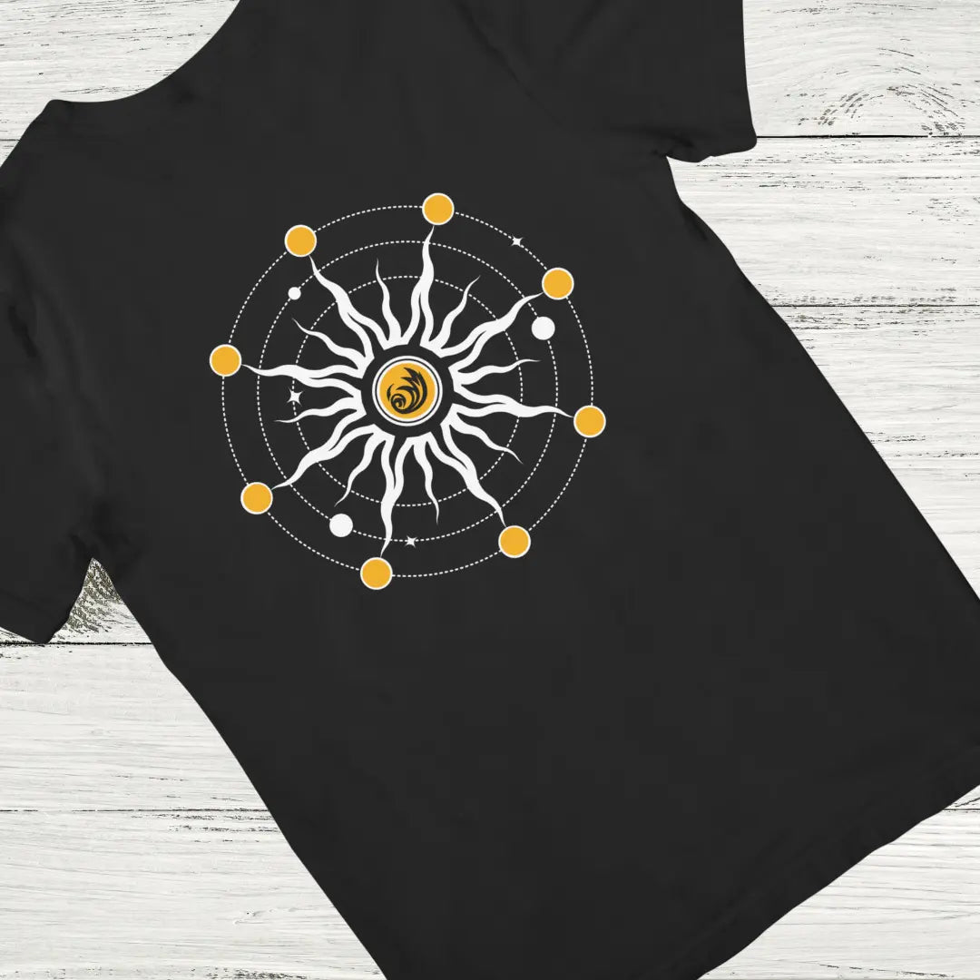 Plus size black t-shirt with modern solar system and astrology graphic laid flat on white wooden background, premium cosmic fusion tee