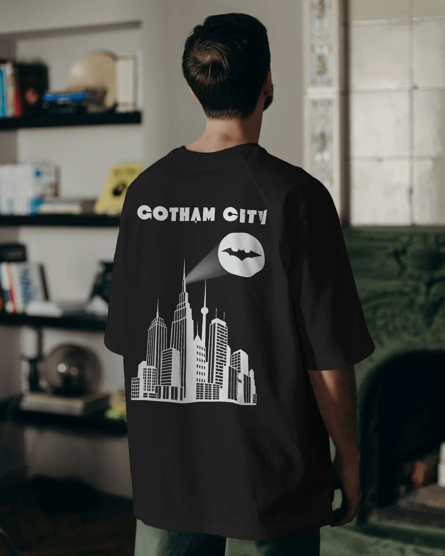 Premium black plus size tshirt featuring a Gotham City skyline back graphic with Batman signal, made from high-quality cotton for a comfortable oversized fit in sizes up to 7XL.
