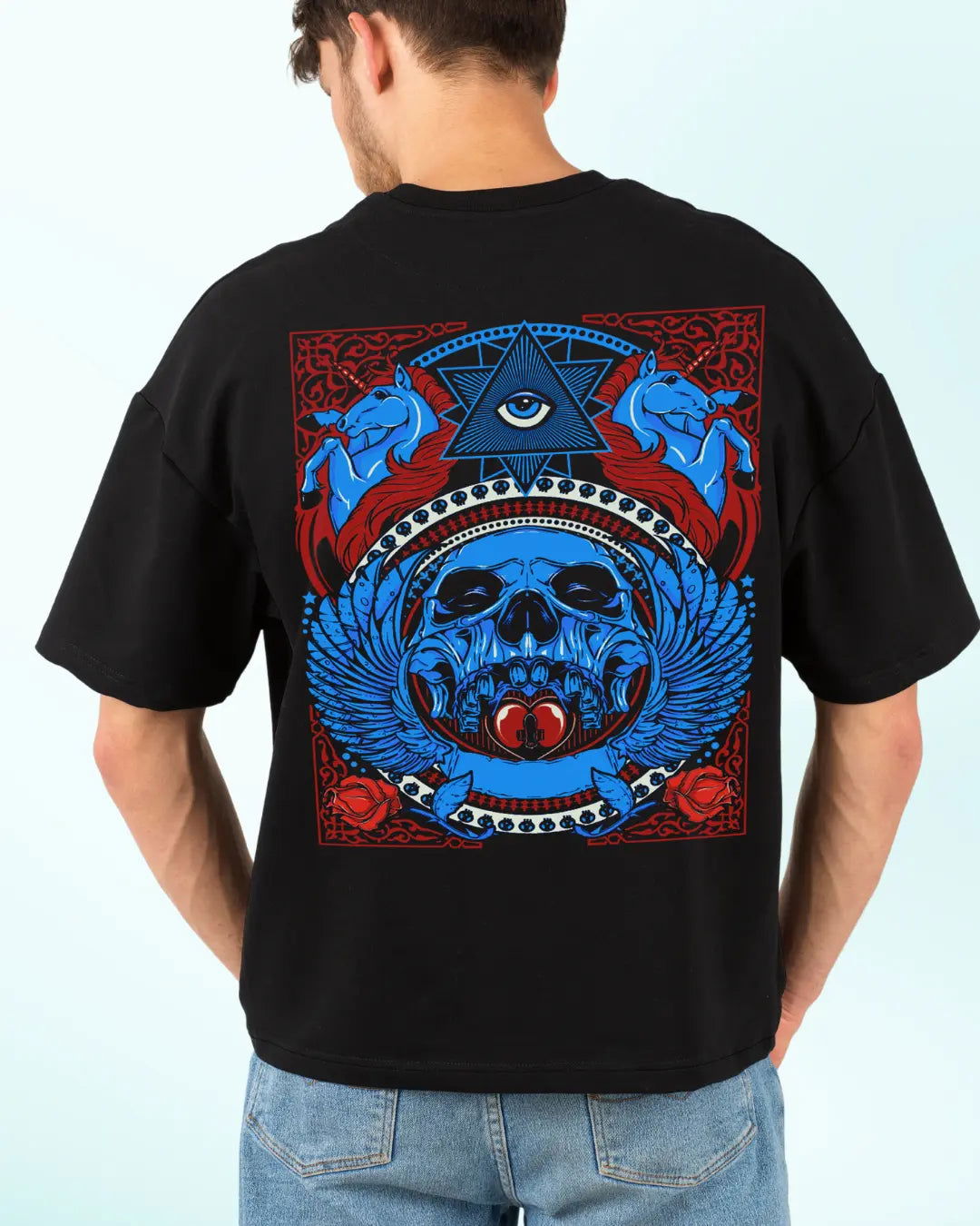 AWBlack plus size tshirt oversized black with mandala skull unicorn graphic mystical streetwear