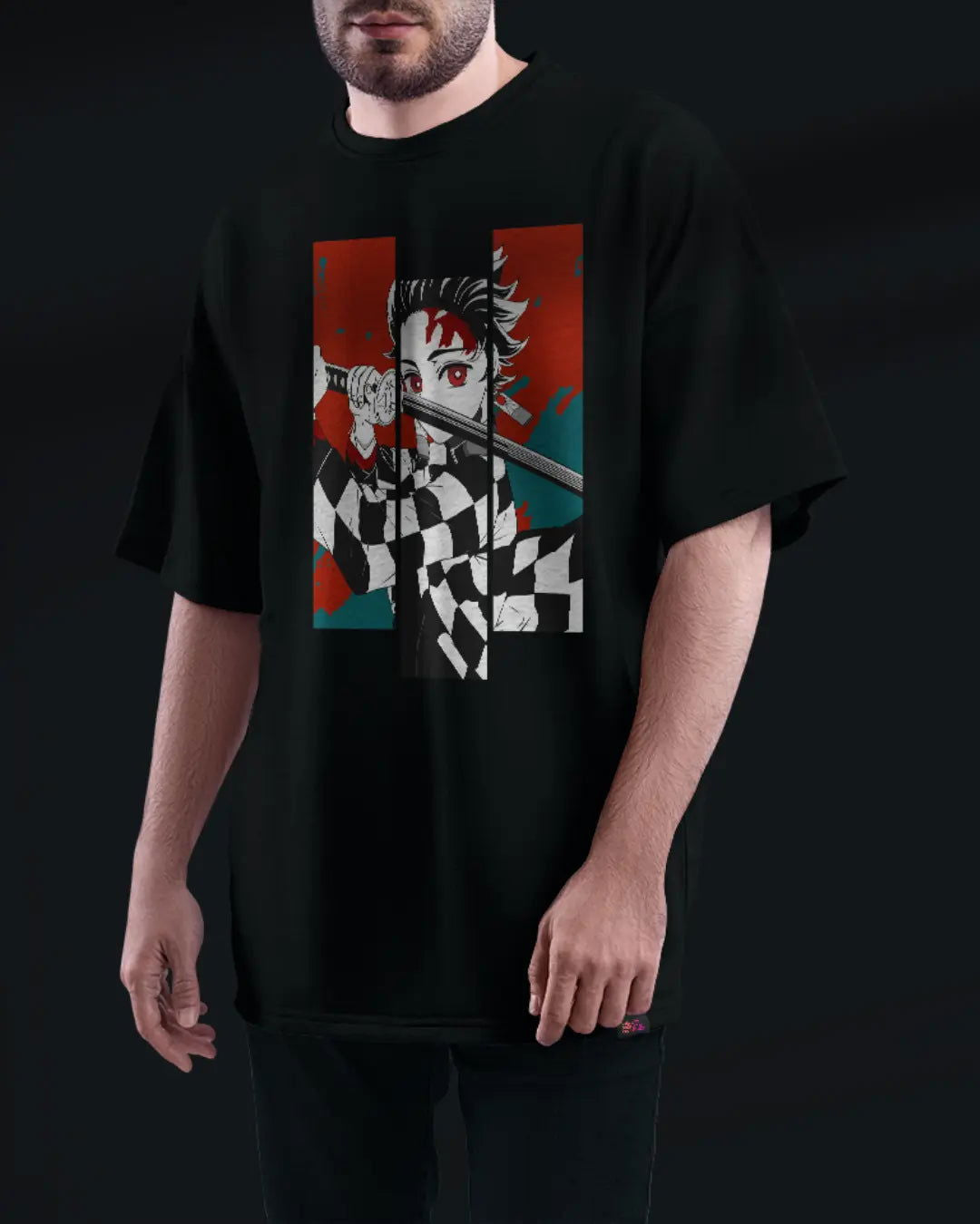 Warrior Spirit Tanjiro with Katana and Cat Mask - Premium Oversized T-shit - AWBlack