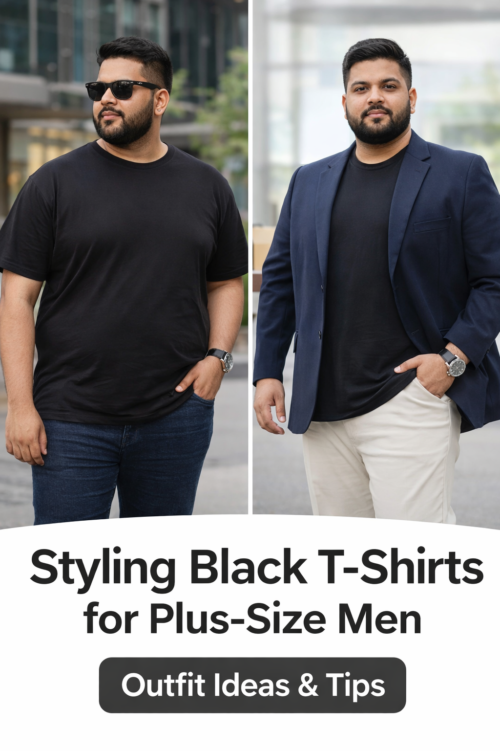 Plus-size man styling a black t-shirt in casual and business casual outfits