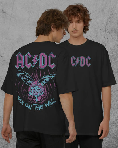 Black plus size oversized t-shirt with AC/DC Fly on the Wall graphic design, front and back, modeled by two individuals