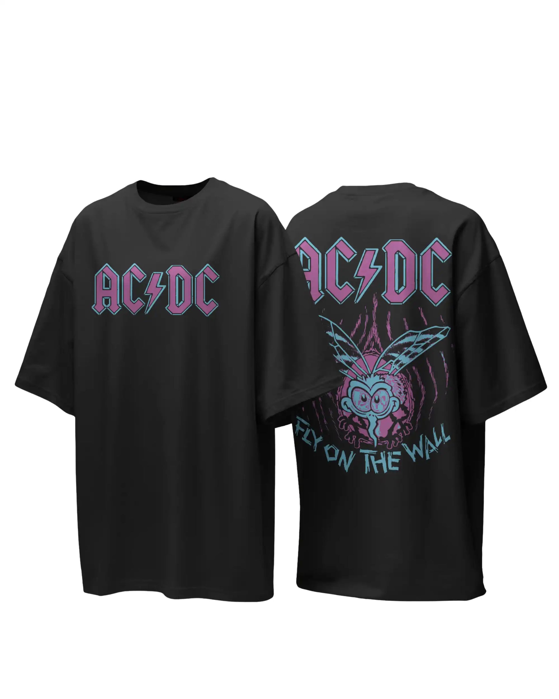 Black plus size oversized t-shirt with AC/DC Fly on the Wall graphic design, front and back, displayed on a white background