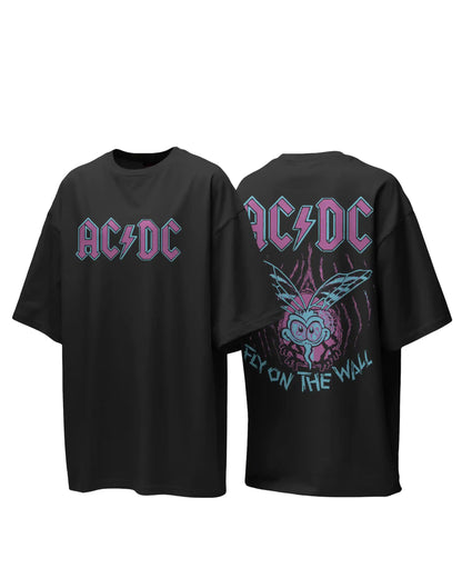 Black plus size oversized t-shirt with AC/DC Fly on the Wall graphic design, front and back, displayed on a white background