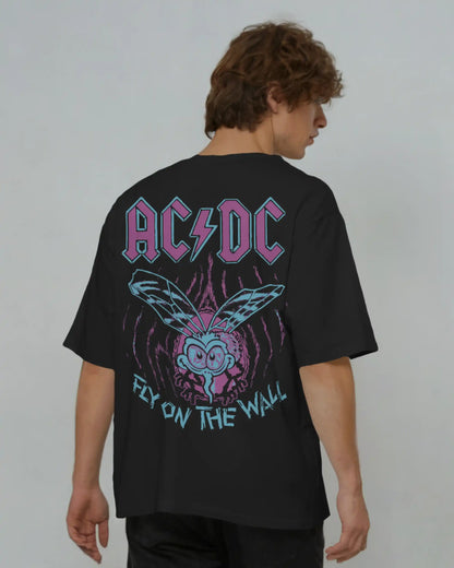 Black plus size oversized t-shirt with AC/DC Fly on the Wall graphic design on back, modeled against a plain background