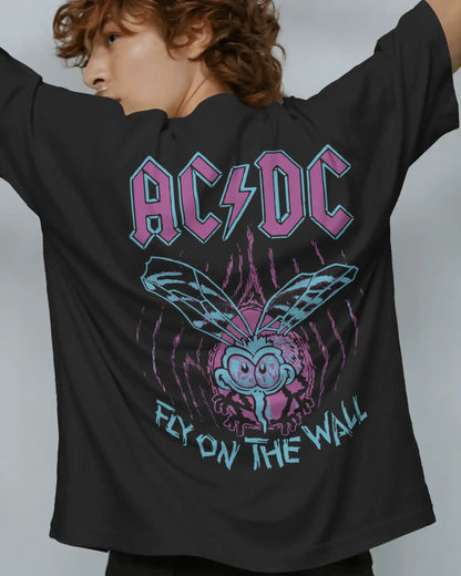 Black plus size oversized t-shirt with AC/DC Fly on the Wall graphic design on back, modeled with arms raised