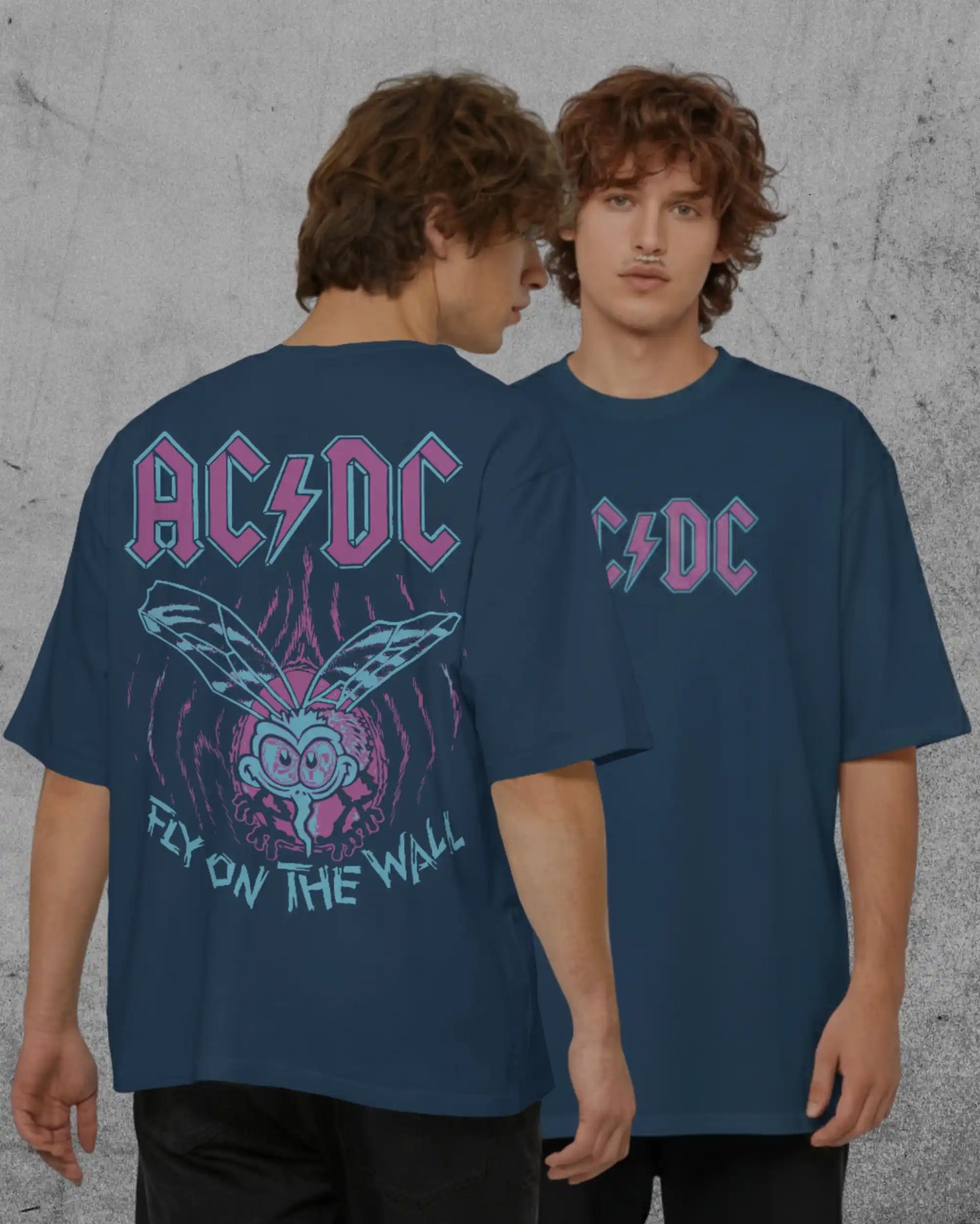 Navy blue plus size oversized t-shirt with AC/DC Fly on the Wall graphic design, front and back, modeled by two individuals