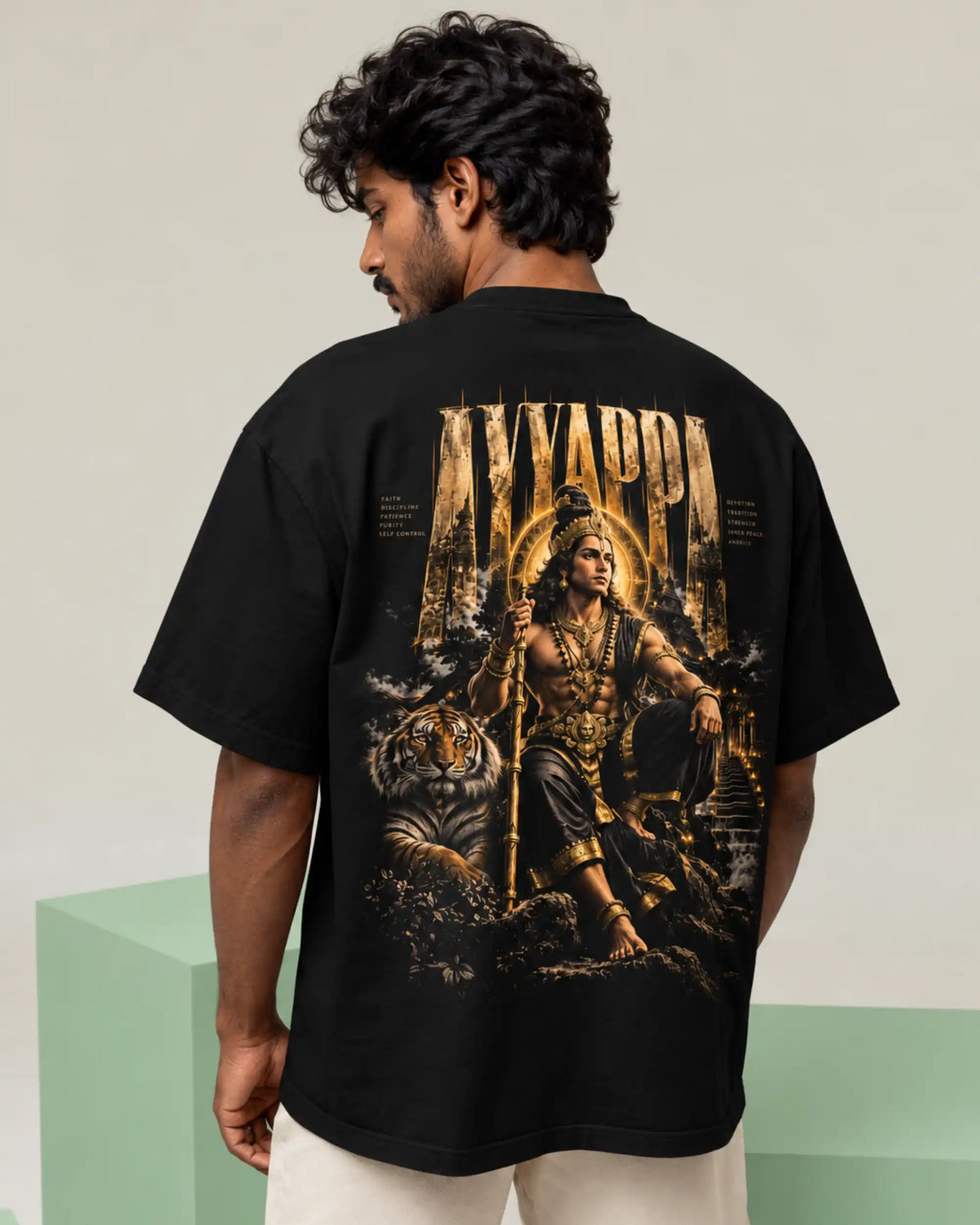 🔥🛕 Ayyappa Gold Legacy Plus-Size T-Shirt – Mythology Graphic Tee | 180 GSM Cotton S–7XL | AWBlack