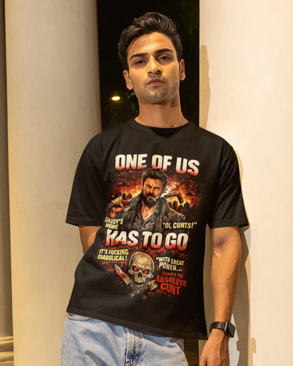 Black plus size t-shirt with 'One of Us' graphic design and movie-inspired artwork, modeled in a casual pose