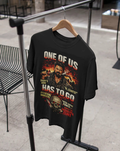 Black plus size t-shirt with 'One of Us' graphic design and movie artwork, displayed on a hanger