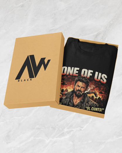 Premium plus size t-shirt featuring Billy Butcher graphic from The Boys in AV Black branded gift box packaging.