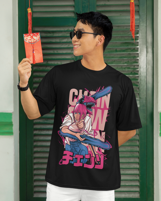 Chainsoul Slash – Pink Blade Demon Anime Oversize | Regular Fit | Plus Size Premium Black T-Shirt | S to 7XL