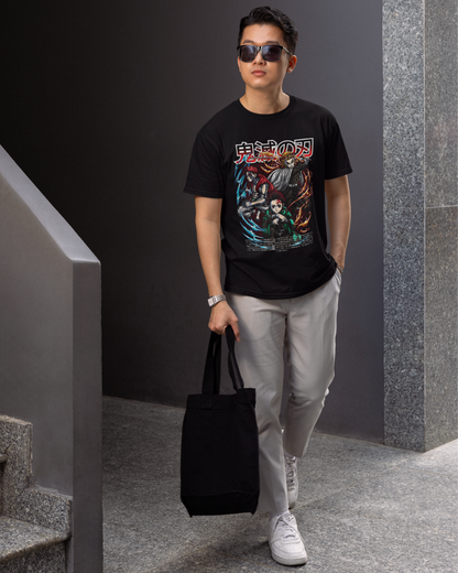 Clash of Legends – Demon Warrior Trio Oversize | Regular Fit | Plus Size Premium Black T-Shirt | S to 7XL
