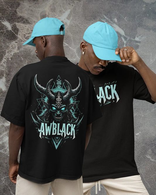 AWBlack Demon Horn Graphic Oversized T-Shirt | Dark Aesthetic Streetwear Back Print Tee | 240 GSM Premium Cotton | Unisex Loose Fit | XS-2XL