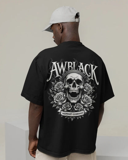 Gothic Skull Rose Oversized T-Shirt (240 GSM Cotton) – Midnight Guardian Back Print