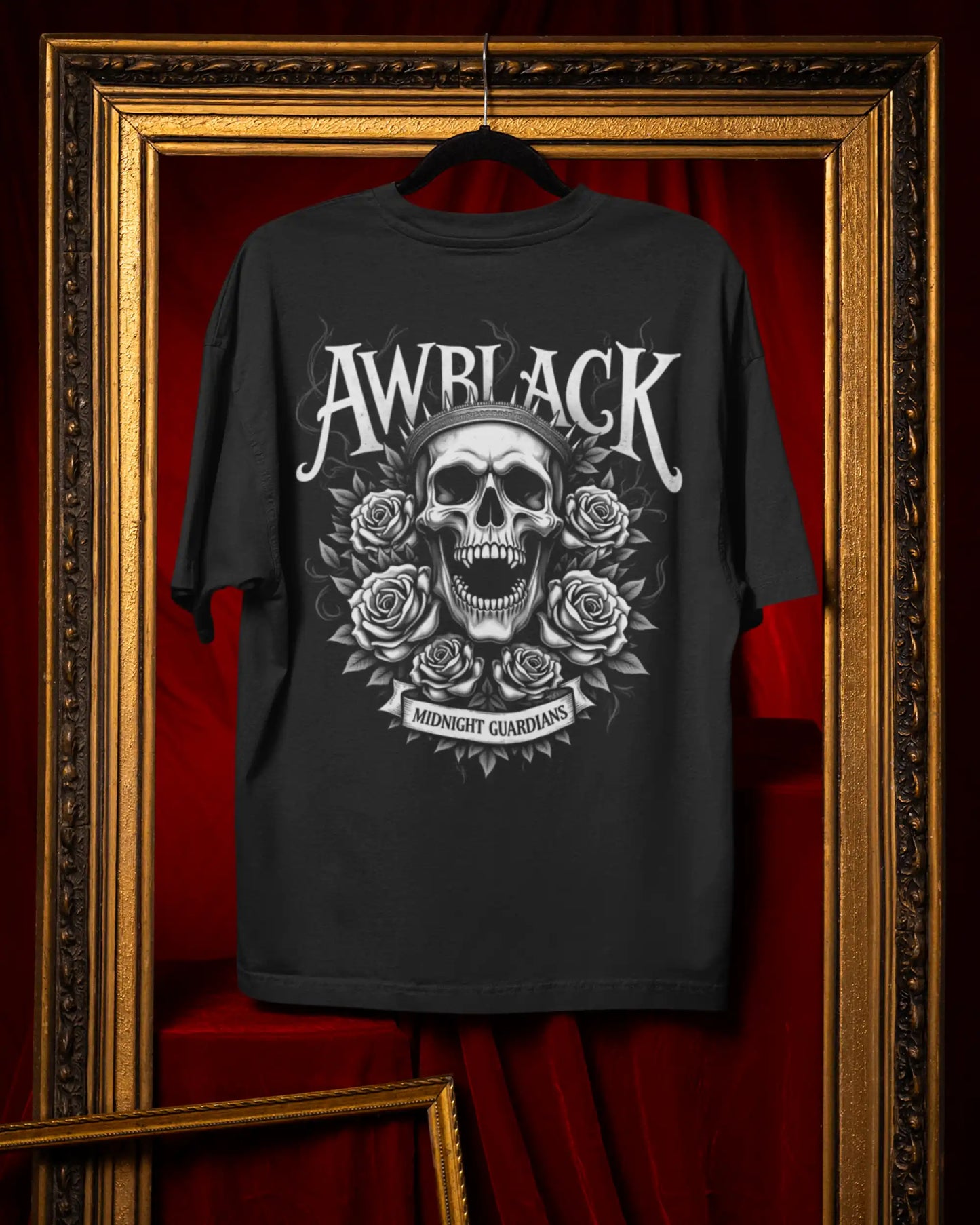 Gothic Skull Rose Oversized T-Shirt (240 GSM Cotton) – Midnight Guardian Back Print