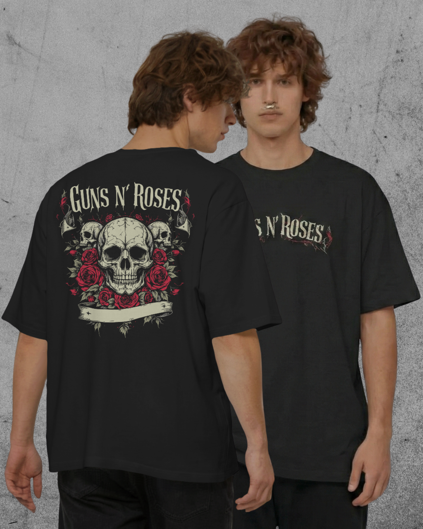 Guns N Roses oversized rock band t shirt 240 GSM heavyweight cotton skull roses graphic front and back black AWBlack