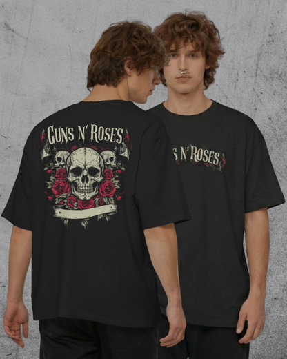 Guns N Roses oversized rock band t shirt 240 GSM heavyweight cotton skull roses graphic front and back black AWBlack