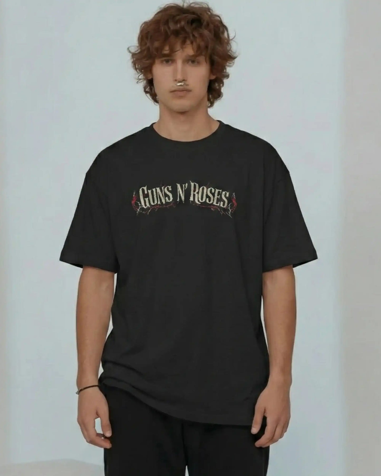 Guns N Roses black oversized rock band t shirt 240 GSM heavyweight cotton front logo graphic AWBlack