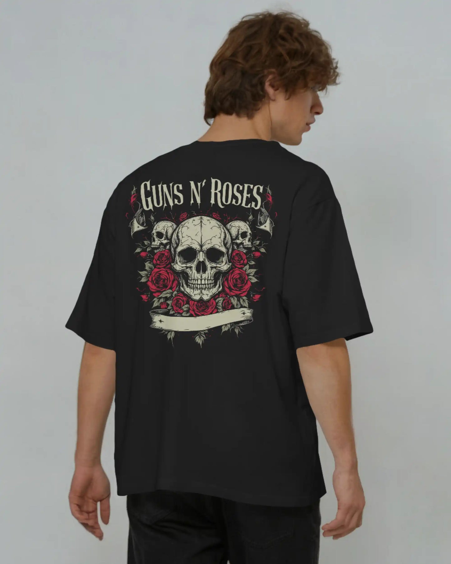 Guns N Roses black oversized rock band t shirt 240 GSM heavyweight cotton skull roses back graphic AWBlack