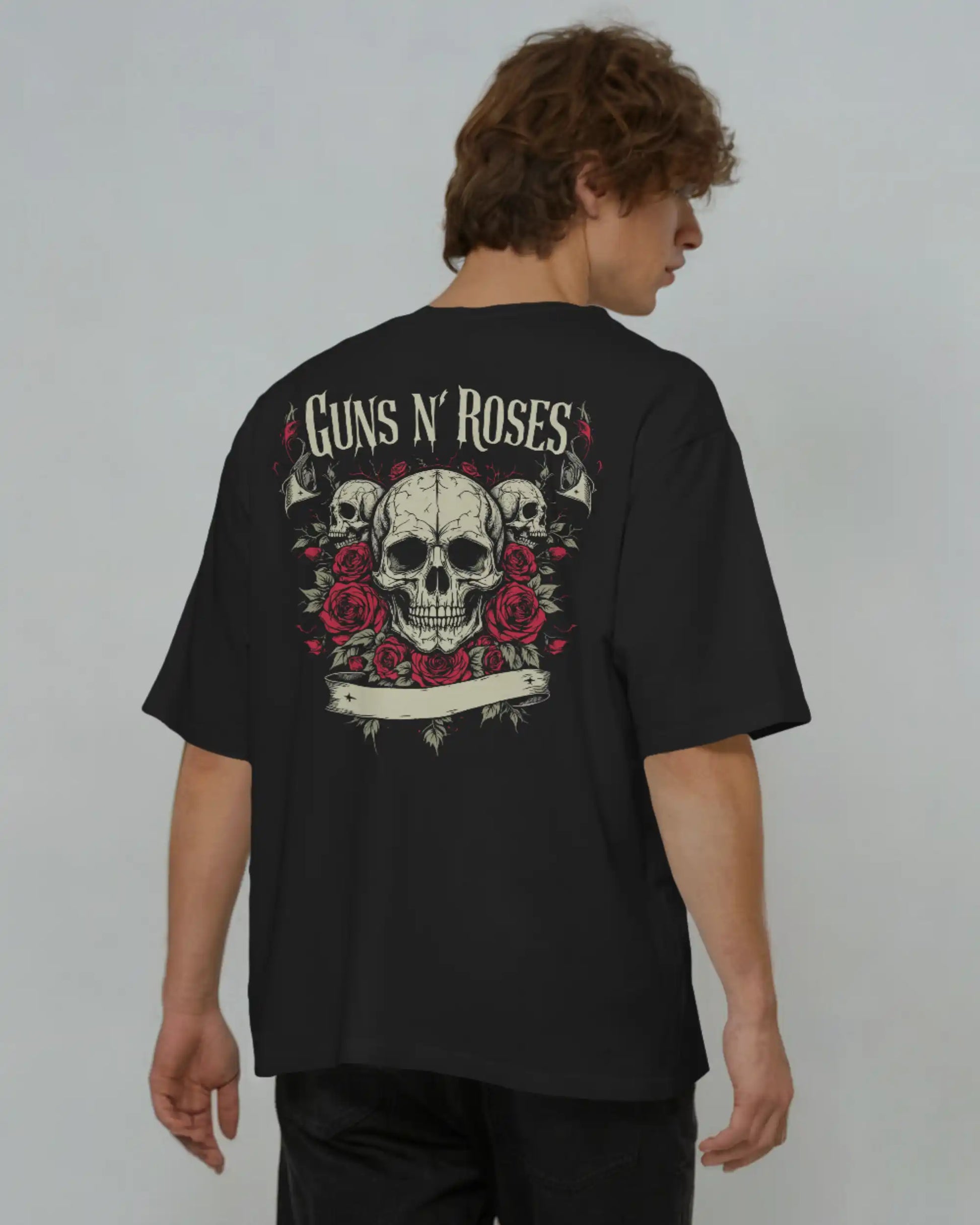 Guns N Roses black oversized rock band t shirt 240 GSM heavyweight cotton skull roses back graphic AWBlack