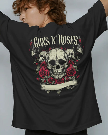 Guns N Roses oversized rock band t shirt 240 GSM heavyweight cotton skull roses back graphic black AWBlack
