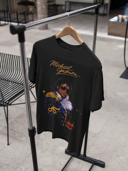 AWBlack Michael Jackson Signature Glove Vintage Portrait Music Graphic T-Shirt for Men | Premium 180 GSM 100% Cotton Printed Black Tee | Regular Fit, Oversize Fit & Plus Size Fit