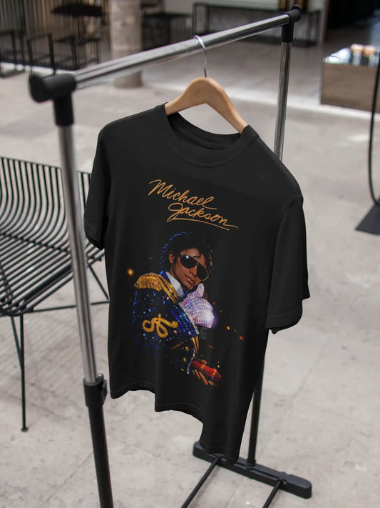 AWBlack Michael Jackson Signature Glove Vintage Portrait Music Graphic T-Shirt for Men | Premium 180 GSM 100% Cotton Printed Black Tee | Regular Fit, Oversize Fit & Plus Size Fit