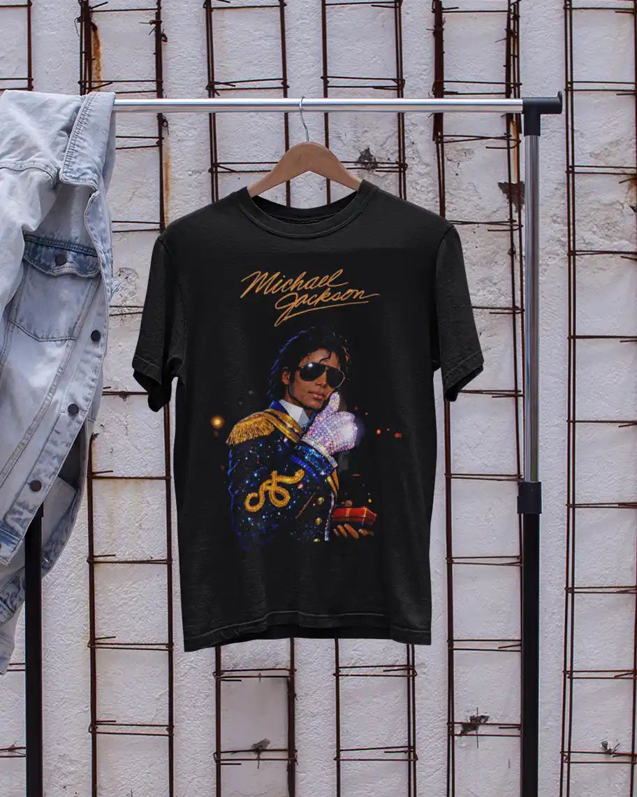 AWBlack Michael Jackson Signature Glove Vintage Portrait Music Graphic T-Shirt for Men | Premium 180 GSM 100% Cotton Printed Black Tee | Regular Fit, Oversize Fit & Plus Size Fit
