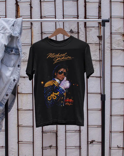 AWBlack Michael Jackson Signature Glove Vintage Portrait Music Graphic T-Shirt for Men | Premium 180 GSM 100% Cotton Printed Black Tee | Regular Fit, Oversize Fit & Plus Size Fit