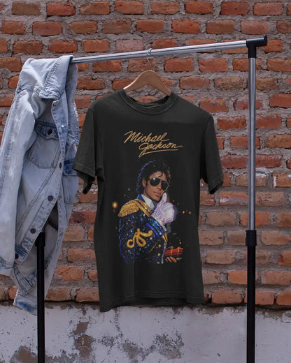 AWBlack Michael Jackson Signature Glove Vintage Portrait Music Graphic T-Shirt for Men | Premium 180 GSM 100% Cotton Printed Black Tee | Regular Fit, Oversize Fit & Plus Size Fit