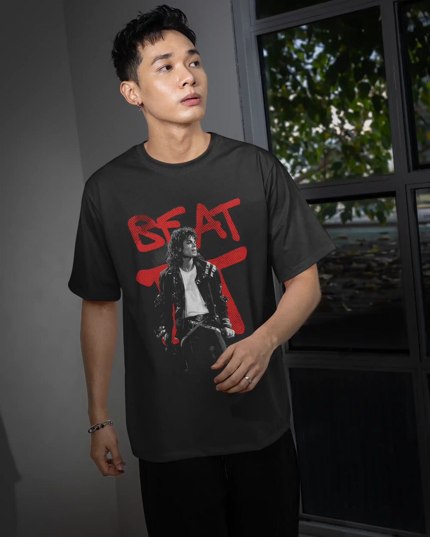 AWBlack Michael Jackson 'Beat It' Graffiti Music Graphic T-Shirt for Men | Premium 180 GSM 100% Cotton Printed Black Tee | Regular Fit, Oversize Fit & Plus Size Fit