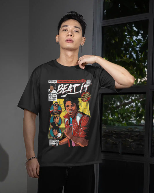 AWBlack Michael Jackson 'Beat It' Vintage Comic Book Music Graphic T-Shirt for Men | Premium 180 GSM 100% Cotton Printed Black Tee | Regular Fit, Oversize Fit & Plus Size Fit