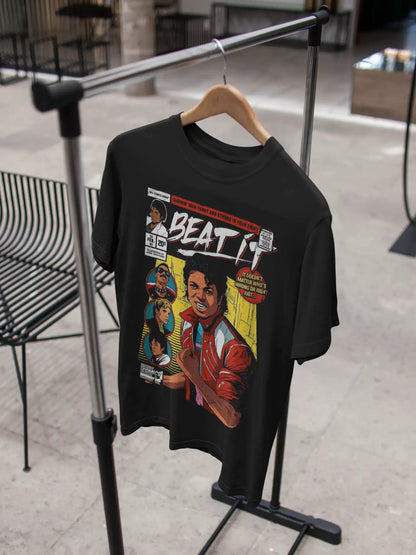 AWBlack Michael Jackson 'Beat It' Vintage Comic Book Music Graphic T-Shirt for Men | Premium 180 GSM 100% Cotton Printed Black Tee | Regular Fit, Oversize Fit & Plus Size Fit