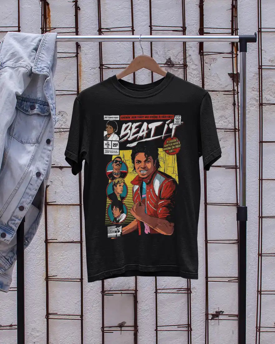 AWBlack Michael Jackson 'Beat It' Vintage Comic Book Music Graphic T-Shirt for Men | Premium 180 GSM 100% Cotton Printed Black Tee | Regular Fit, Oversize Fit & Plus Size Fit