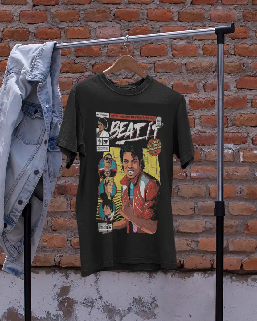 AWBlack Michael Jackson 'Beat It' Vintage Comic Book Music Graphic T-Shirt for Men | Premium 180 GSM 100% Cotton Printed Black Tee | Regular Fit, Oversize Fit & Plus Size Fit
