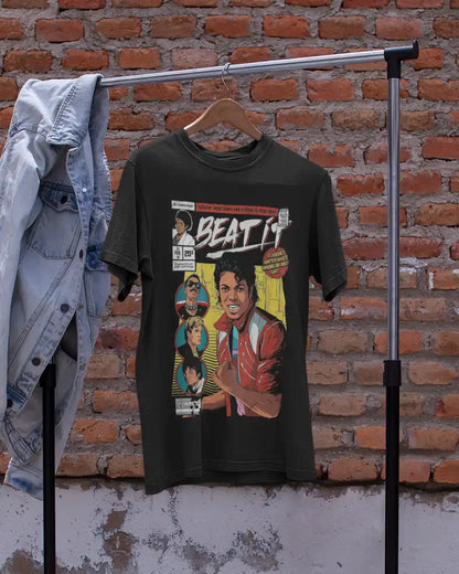 AWBlack Michael Jackson 'Beat It' Vintage Comic Book Music Graphic T-Shirt for Men | Premium 180 GSM 100% Cotton Printed Black Tee | Regular Fit, Oversize Fit & Plus Size Fit