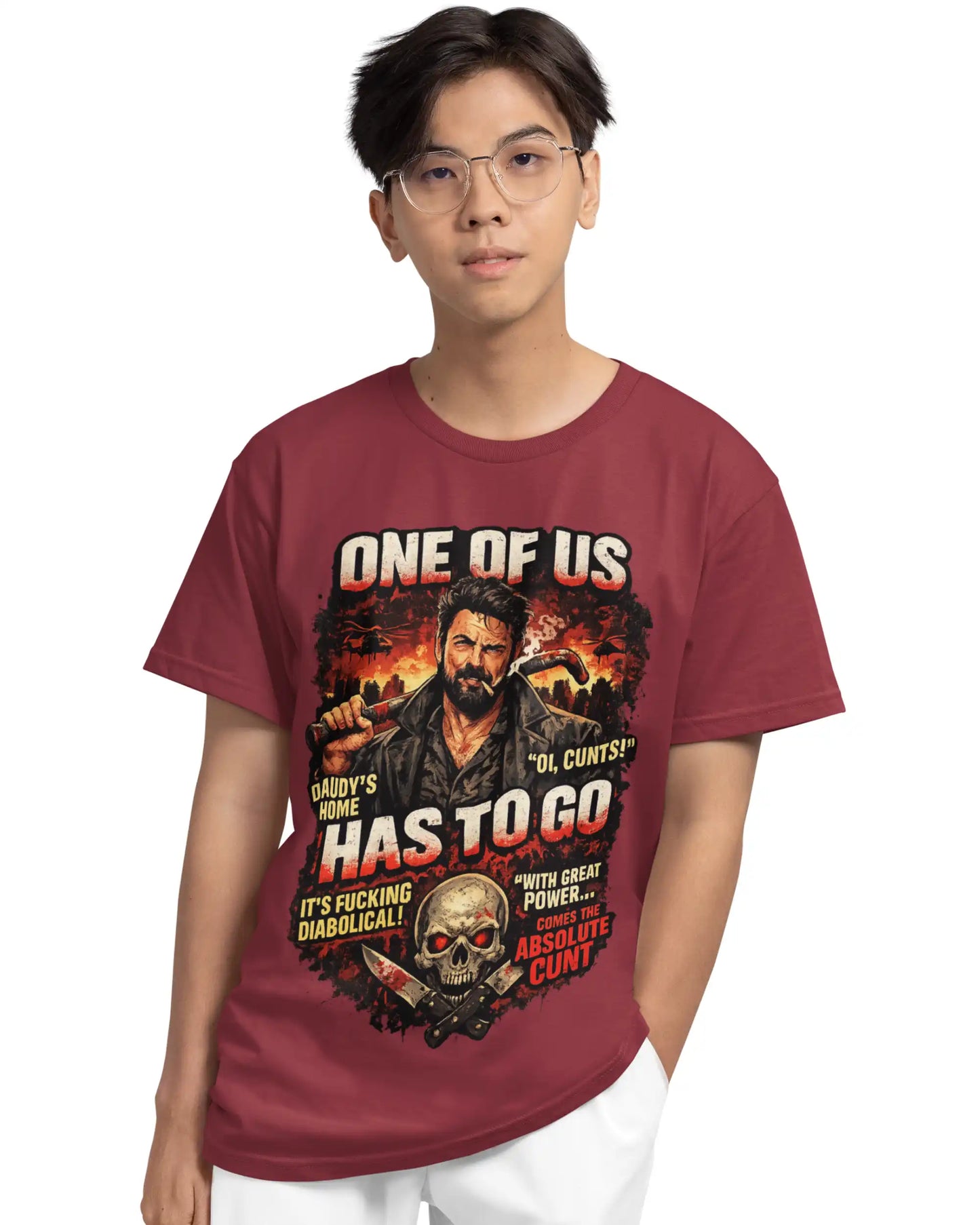 Man wearing maroon plus size t-shirt with Billy Butcher graphic design from The Boys, lifestyle view for comfortable fit.