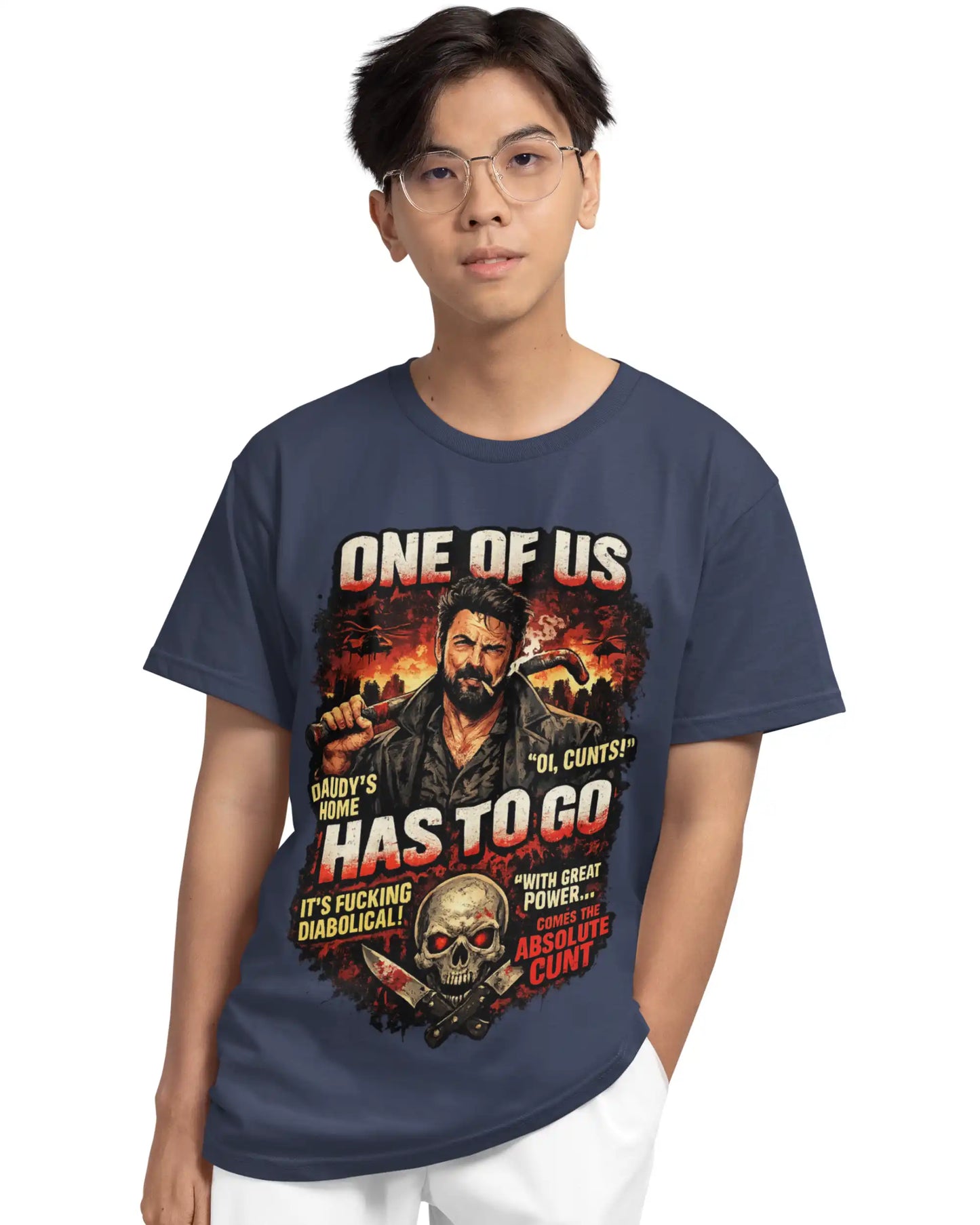 Man wearing navy blue plus size t-shirt with Billy Butcher graphic design from The Boys, lifestyle view for comfortable fit.