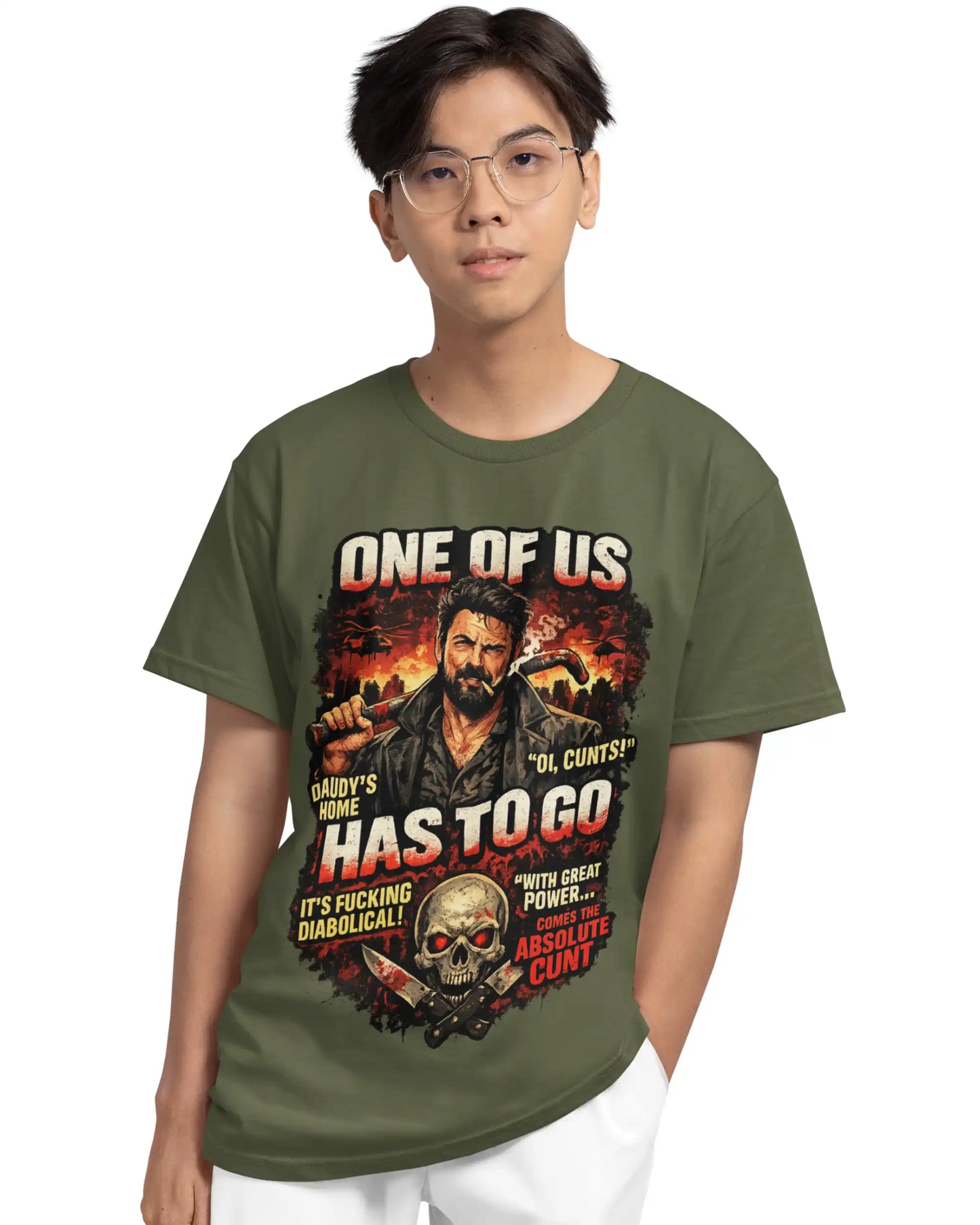 Man wearing olive green plus size t-shirt with Billy Butcher graphic design from The Boys, lifestyle view for comfortable fit.